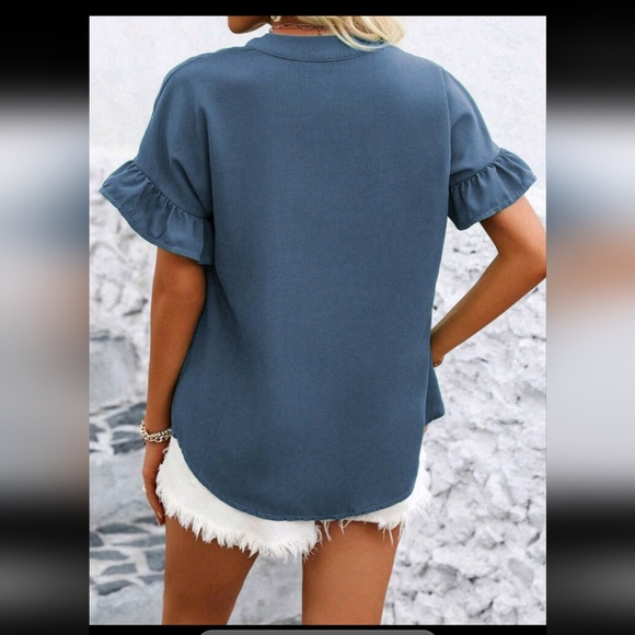 Blue Ruffle Sleeve Button-Up Top - Picture 2 of 3